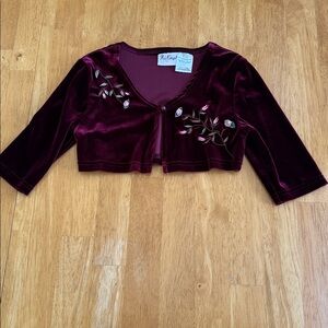 Vintage Girls Velveteen Burgandy Shrug Rose Accents and Embroidery Cover Up